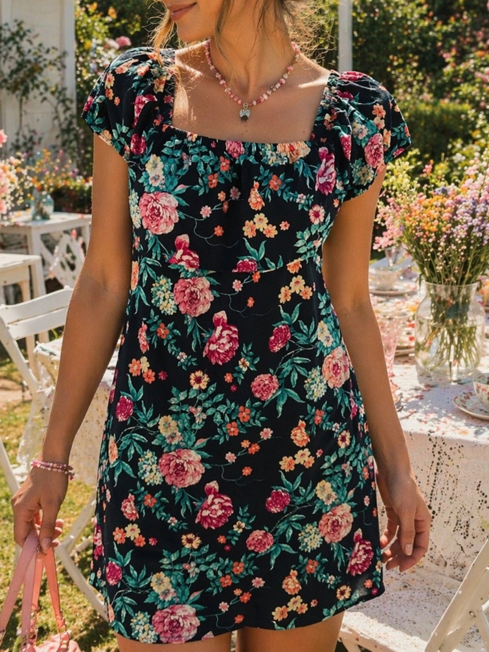 Bluenotes Floral Dress Size M Backless Ruffle Sleeve Cottagecore Y2K